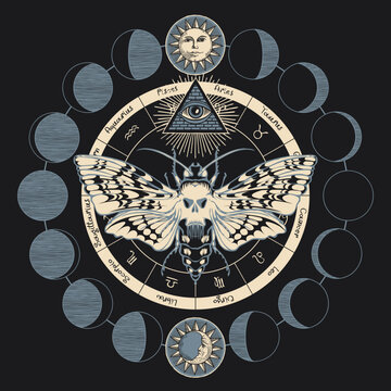 Hand-drawn scary butterfly moth dead head on the background of magical symbols of zodiac signs, moon phases in a circle. Witchcraft, occult attributes, alchemical signs.