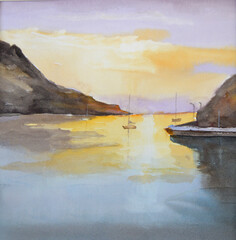  Illustration of a watercolor sunset in Portbou, Girona