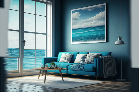 Sea View Blue Living Room With Window , Ai Generated