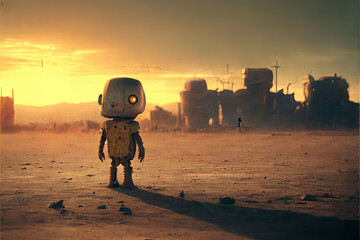 Sad Child Robot in a Dystopian Desert Landscape