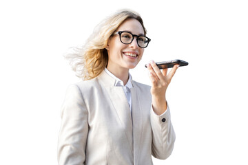 Blonde businesswoman records a voice message on her phone, isolated, transparent background.