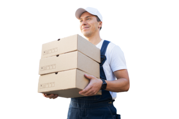 Courier uniform delivery courier company many cartons carton order to customer, isolated, transparent background.