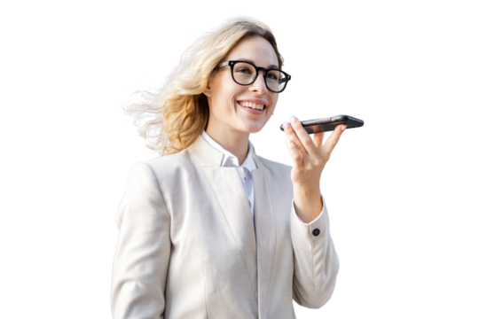 Blonde businesswoman records a voice message on her phone, isolated, transparent background.
