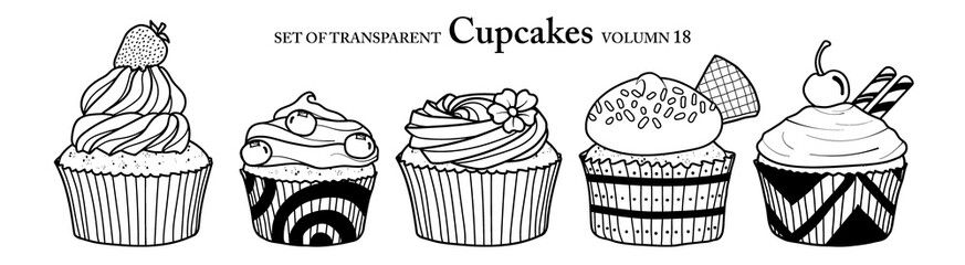Cute hand drawn isolated black outline cupcakes on transparent background png file (Volumn 18)