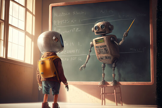 Robot teacher is explaining math to robot child on the board. Made with Generative AI