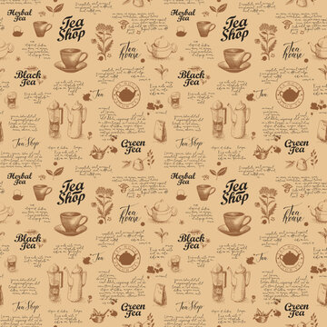 Seamless pattern on the theme of tea and tea shop with sketches, inscriptions and handwritten text lorem ipsum. Vector abstract background with hand-drawn herbs. Wallpaper, wrapping paper, fabric © paseven