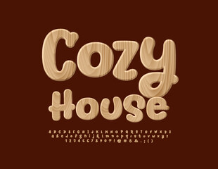Vector cute emblem Cozy House with wooden texture Font. Natural pattern Alphabet Letters, Numbers and Symbols set