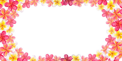 Banner frame made of plumeria frangipani garland. Floral design. Hawaiian blossom. Hand-drawn watercolor illustration isolated on white background