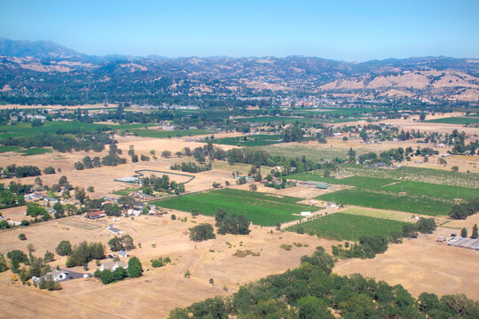 Aerial View Of Sonoma County California Wine Region Farms With Barns And Farm Houses