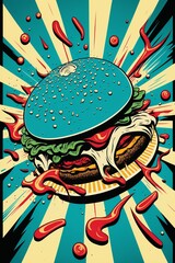 Pop art deco burger. Burger poster. AI generation