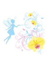 Silhouette of a beautiful fairy and blooming orchids