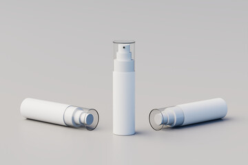 White Plastic Spray Bottle Mockup. Multiple Bottles. 3D Rendering