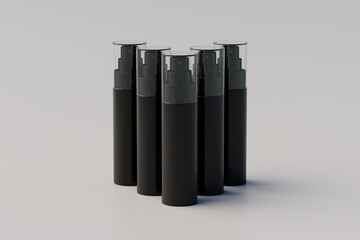 Black Plastic Spray Bottle Mockup. Multiple Bottles. 3D Rendering