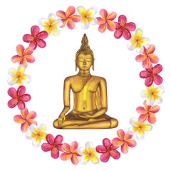 Round frame made of plumeria frangipani garland with a golden Buddha inside. Hand-drawn watercolor illustration isolated on white background