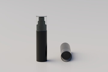 Black Plastic Spray Bottle Mockup. Multiple Bottles. 3D Rendering