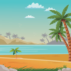 Fototapeta na wymiar summer beach landscape background illustration, Beautiful cartoon Background, sea beach with coconut tree, beach and sea with palm tree, Holiday Poster and desin, 