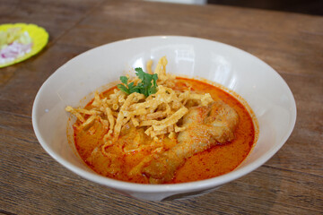 Khao Soi, Curried Noodle Soup with Chicken, Northern Thai cuisine.