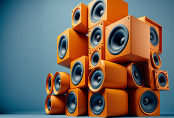 A large stack of colourful orange and blue music audio speakers. Generative ai - obrazy, fototapety, plakaty