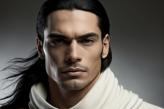 Close-up portrait of a handsome young hispanic / latino man with long windswept hair on a dark background - not based on a real person, Generative AI