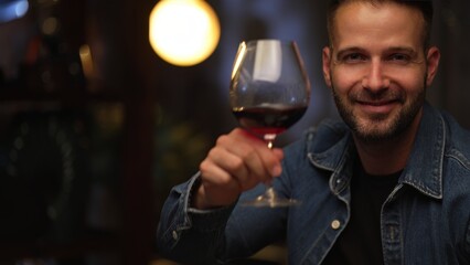 Happy man cheering with wine glass. Wine expert tasting drinking red wine, smiling. Copy space, dark room in evening.