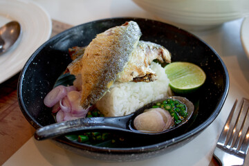 Rice with Fried Mackerel,Thai food, healthy food.