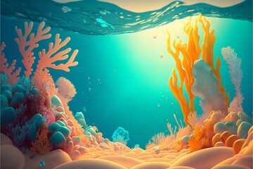 Fototapeta na wymiar Colorful sea background with blue clear water orange and pink corals in cartoon style.AI generated.