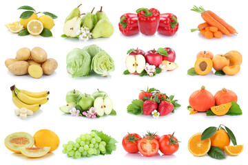 Fruits and vegetables background collection isolated on white with apple tomatoes orange fresh fruit