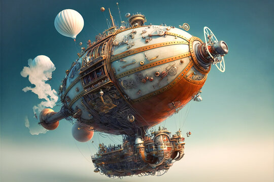 Fantasy steampunk airship flying. Created with Generative AI technology.