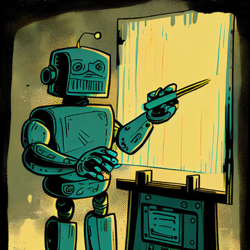 Cartoon of a retro style cyborg robot creating art with a paintbrush and easel. Generative AI artwork. 
