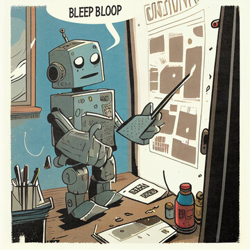 Funny robot character exclaims "bleep bloop" as it marks a geometric architectural design. AI generated creation.