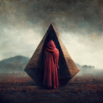 Abstract conceptual AI generated illustration of a hooded person faced towards a pyramid shaped structure in a rural setting