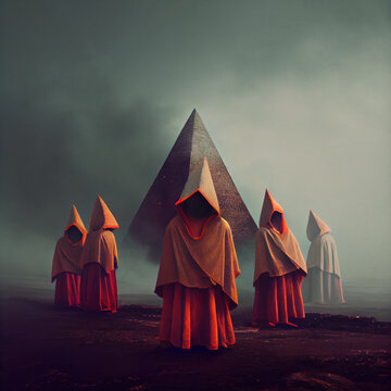 Dramatic AI generated illustration of mysterious hooded entities in a smokey, dusty desert environment, in front of a pyramid shaped obelisk