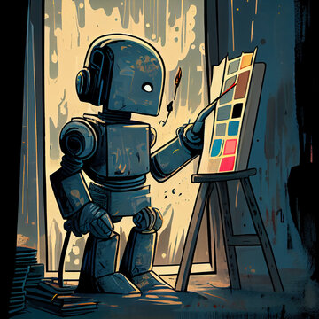 Robot painter creating very simple square shapes on canvas. AI generated artwork. 