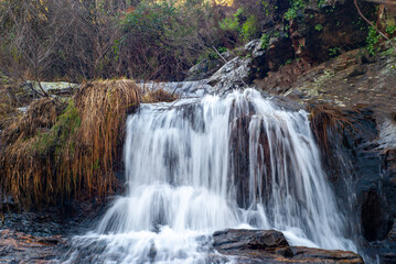 Cascada de un arroyo con la textura del agua sedosa.