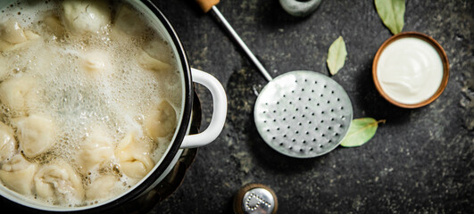 Dumplings in a pot of boiling water. 