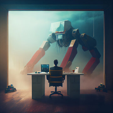 A man sits at an office desk in a futuristic room with a huge window, through which a gigantic robot is seen. AI generated concept artwork. 