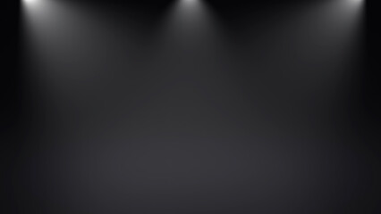 Stage lights shine in the studio. Black stage 3D rendered empty room space with spot light. New elegant empty room with white spot light on floor - 
