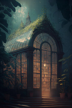 Old Victorian Green House Illustration Wallpaper Generative AI