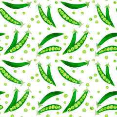 Hand-drawn watercolor papercut green peas seamless pattern. Bright cute kawaii kidcore style illustration, good for farmers market, supermarket products design, stickers or postcards