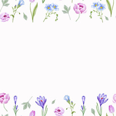 Watercolor seamless frame with spring flowers
