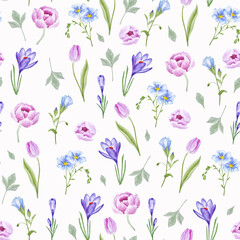Watercolor seamless pattern with spring flowers cute pallete pink, blue and purple for decor, fabric, wallpapers