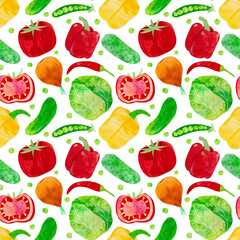 Hand-drawn watercolor vegetable salad seamless pattern. Ingredients such as carrot, beetroot, cabbage and chili. Cute kidcore illustration, for farmers market, products design, stickers or postcards