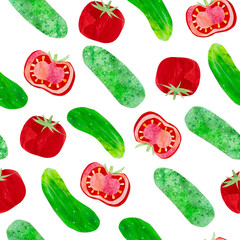 Hand-drawn watercolor tomato cucumber salad seamless pattern. Bright cute kawaii kidcore style illustration, good for farmers market, supermarket products design, stickers or postcards