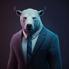 Artificial Intelligence-generated portrait of a polar bear in a business suit