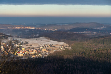 Panoramic view from the top of Dzikowiec Mountain, in Boguszow-Gorce near Walbrzych in Poland. Polular viewing tower.
