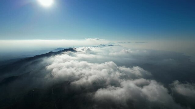 Kantara Kalesi (Cyprus, Kantara Castle). Beautiful video from the drone. Landscape. The high mountains of Cyprus. The sun's rays pass through the clouds. The drone flying through the clouds. The blue 