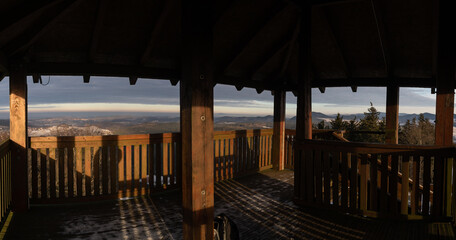 Panoramic view from the top of Dzikowiec Mountain, in Boguszow-Gorce near Walbrzych in Poland.. Polular viewing tower.
