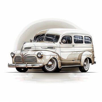  A Drawing Of A Classic Car With A White Background And A White Circle Behind It That Has A Drawing Of A Man In The Window Of The Car And A Woman In The Window Looking Out.