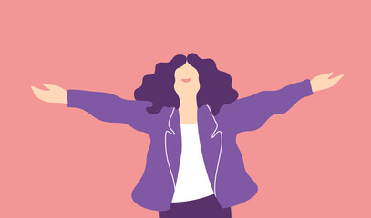 Donna che allarga le braccia per e inspira rivolta al futuro