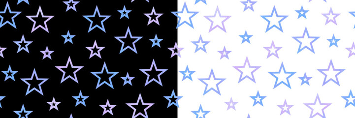 Blue and pink watercolor stars seamless pattern on white and black background for wrapping paper, cover design, cards, flyer, poster, banner. Hand-drawn set vector textured endless illustration.